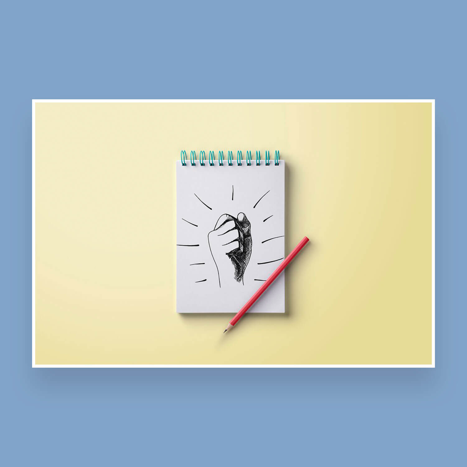 Drawing of a hand in a notebook with a pencil clenched into a fist on a yellow background.