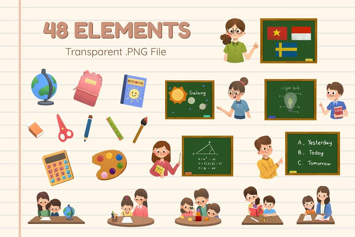 48 elements: boards, scissors, paints, globe and other school supplies.