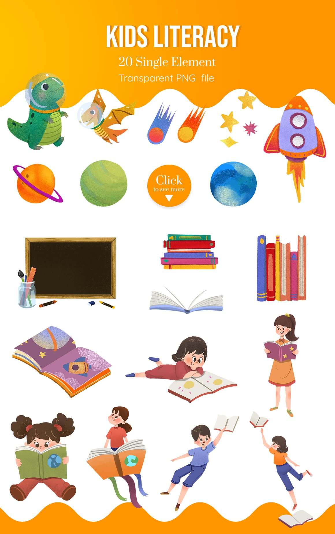 20 Single Element of Kids Literacy: books, toys and other.