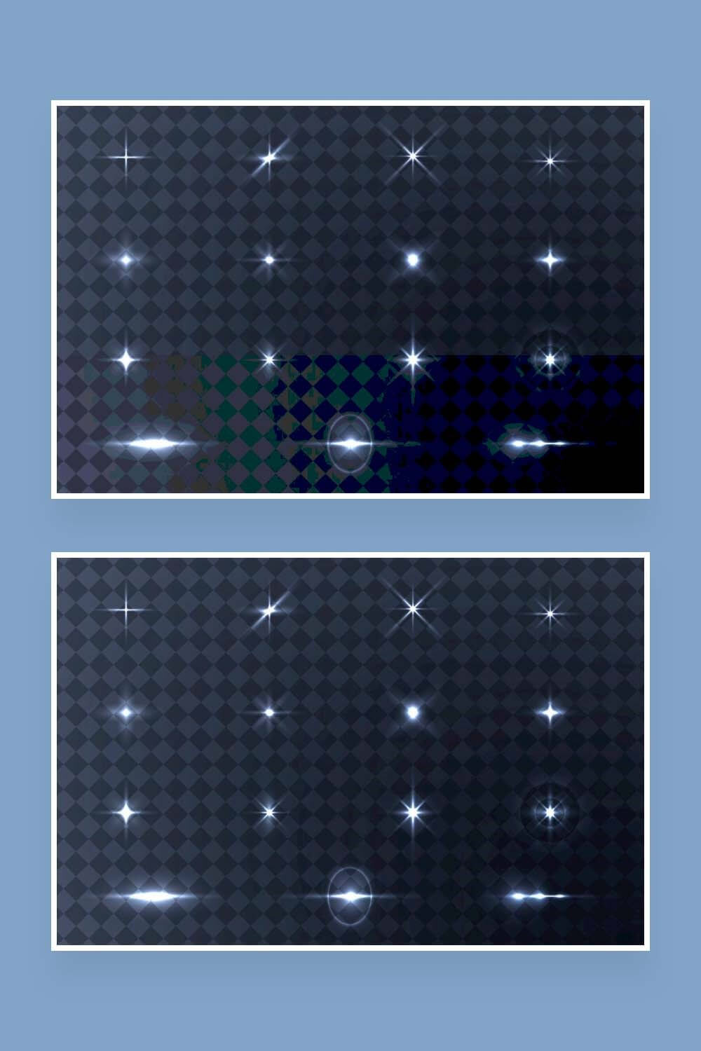 Two pictures depicting light effects on a diamond-shaped dark blue background.