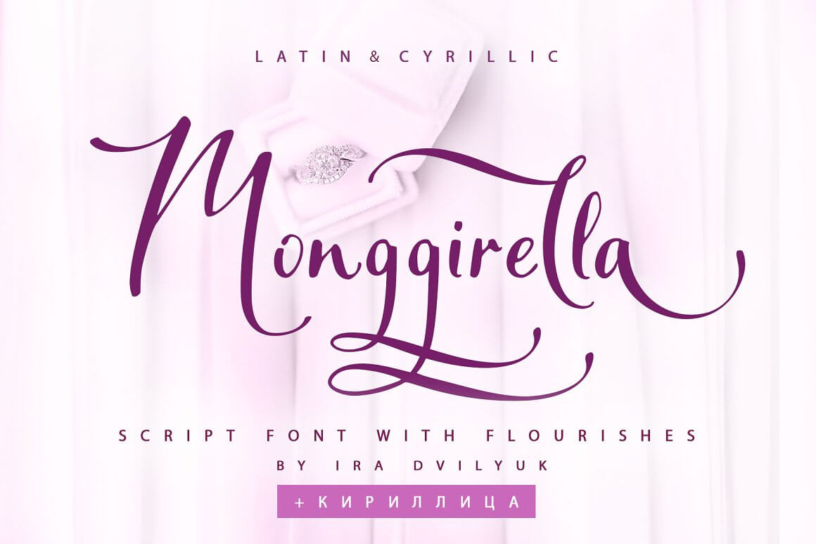 Monggirella script font with Flourishes by Ira Dvilyuk.