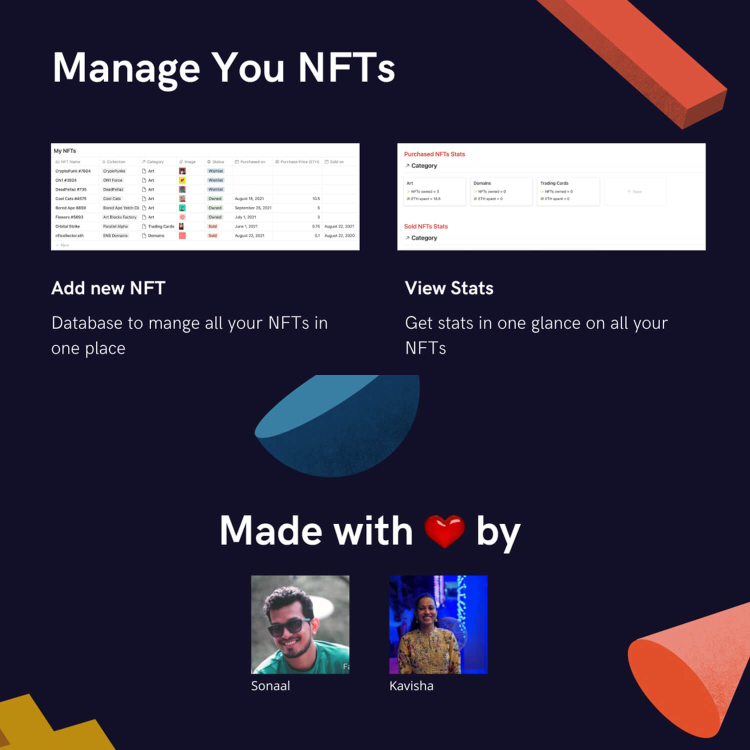 Manage you NFTs, Add new NFT, View Stats.