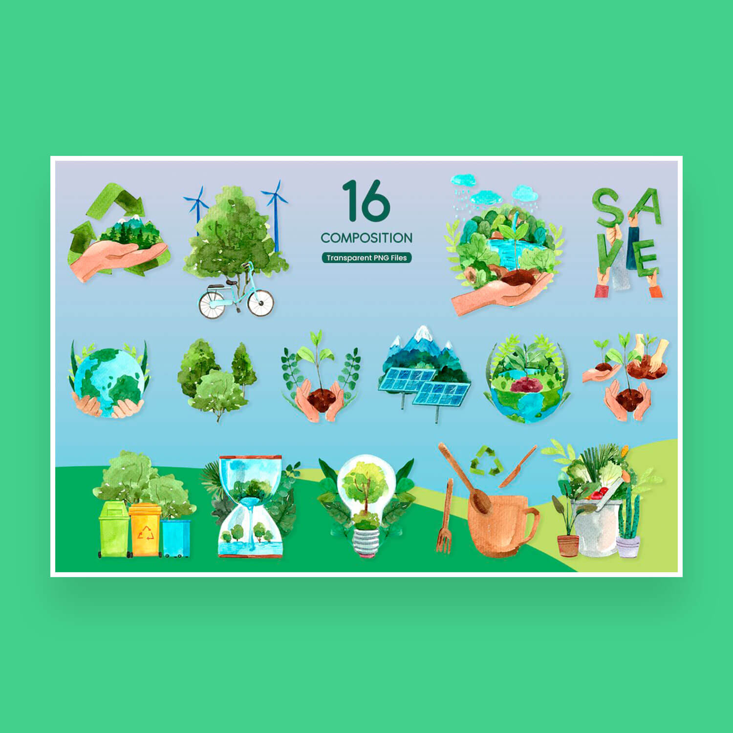 16 compositions on the theme of saving the earth, green energy.