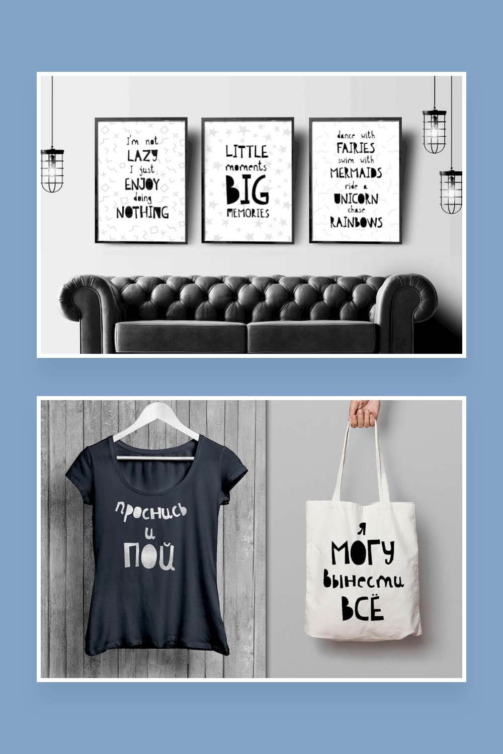 Two Picture, on first we have Three paintings with Scandinavian kids font, on second photo black T-shirt with white print and white bag with black print.