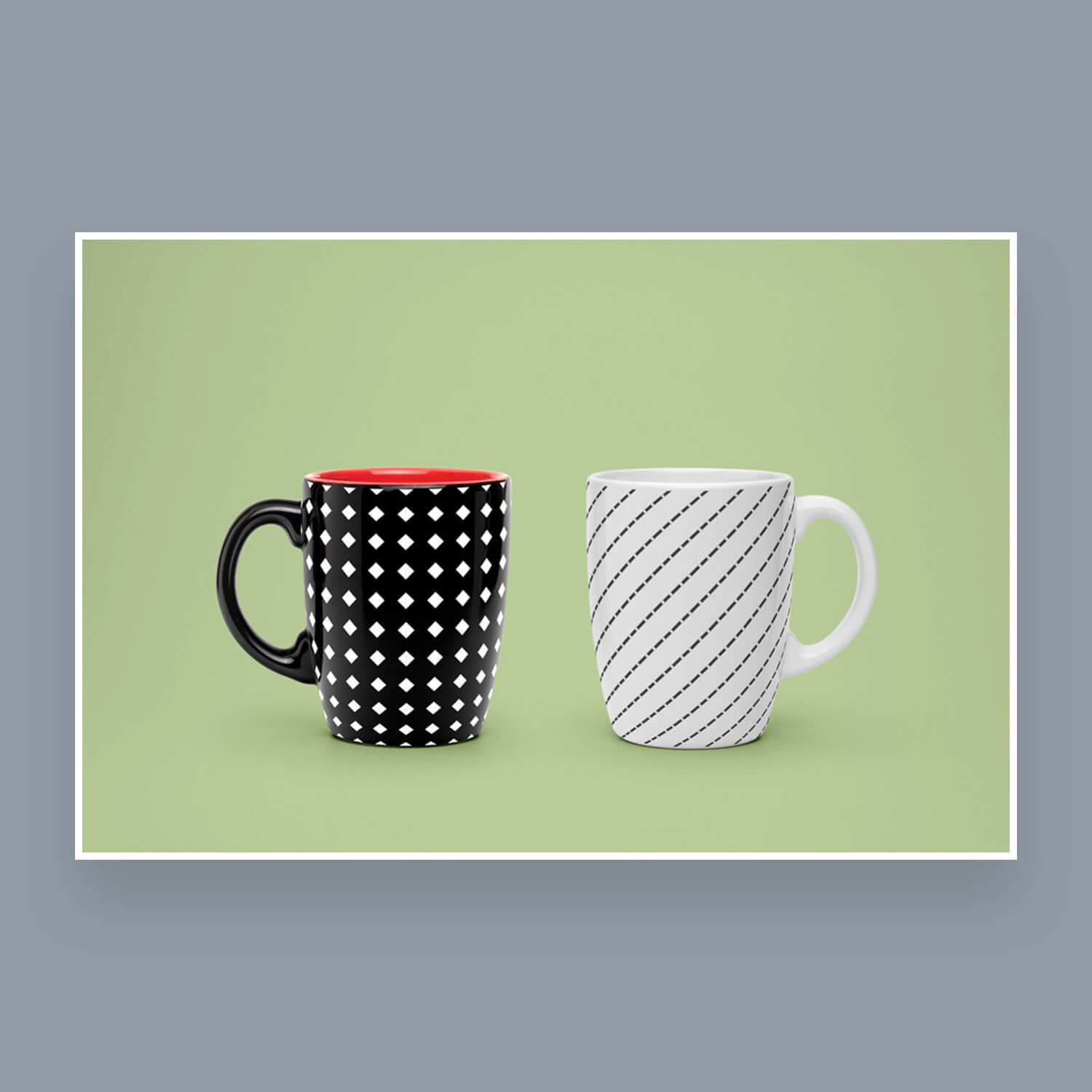 Two cups with seamless geometric patterns in black and white on a green background.