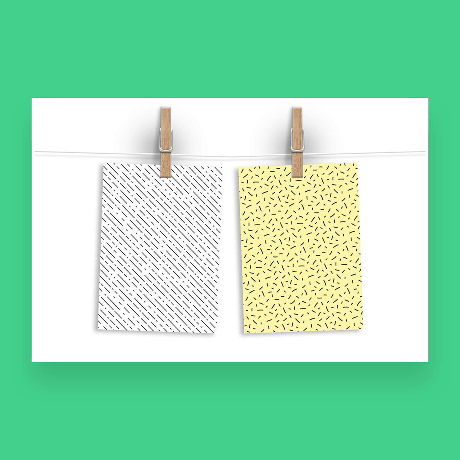 Two cards with samples of seamless patterns on a green background.