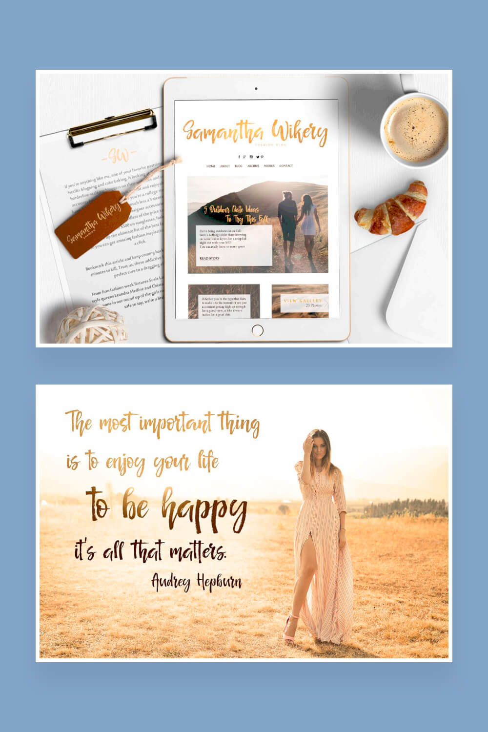 Two photos for Pinterest, on the first photo of a tablet with a site with fonts, on the second, an inscription in gold over a photo of a girl.