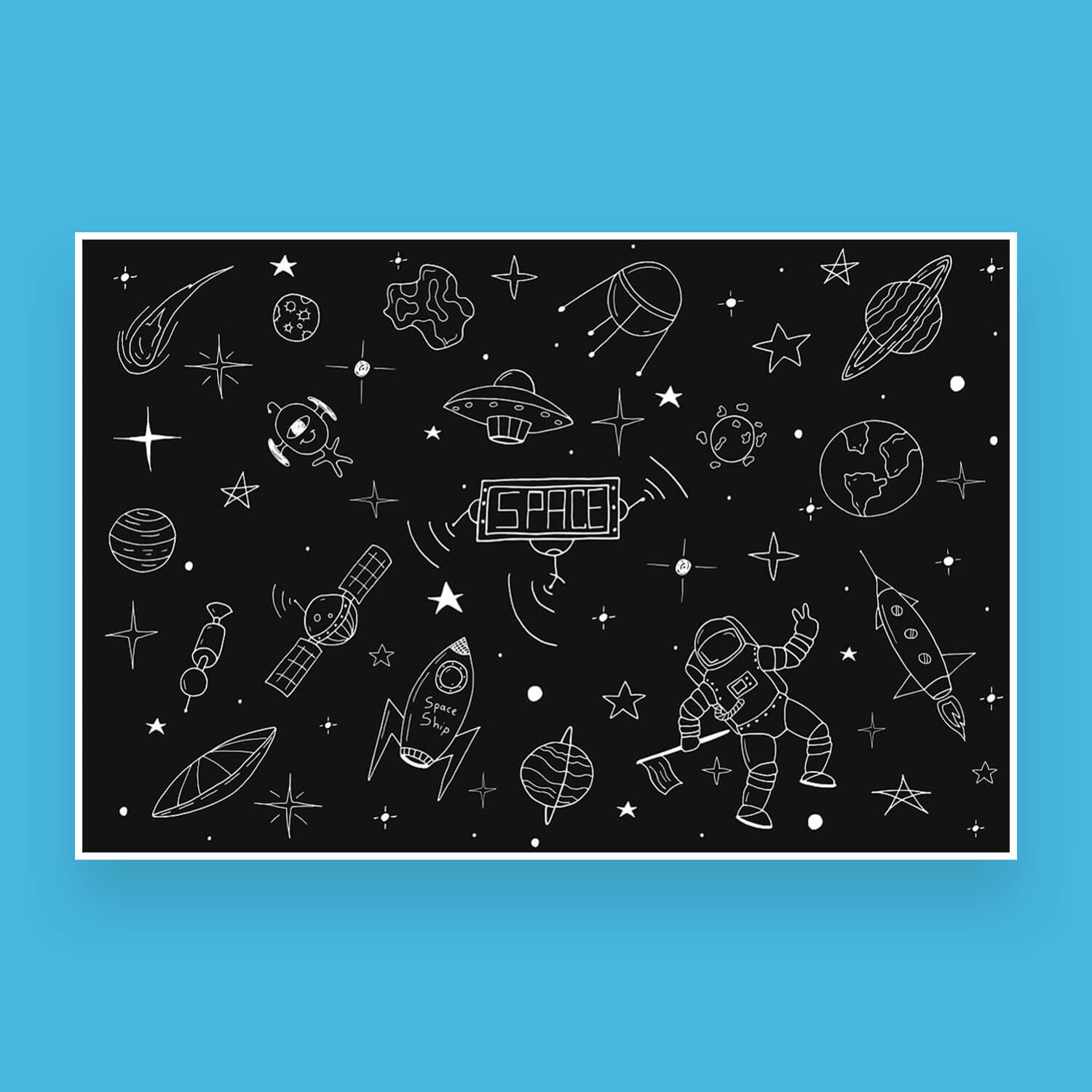 Space theme drawing in doodle style on a black background with a turquoise border.