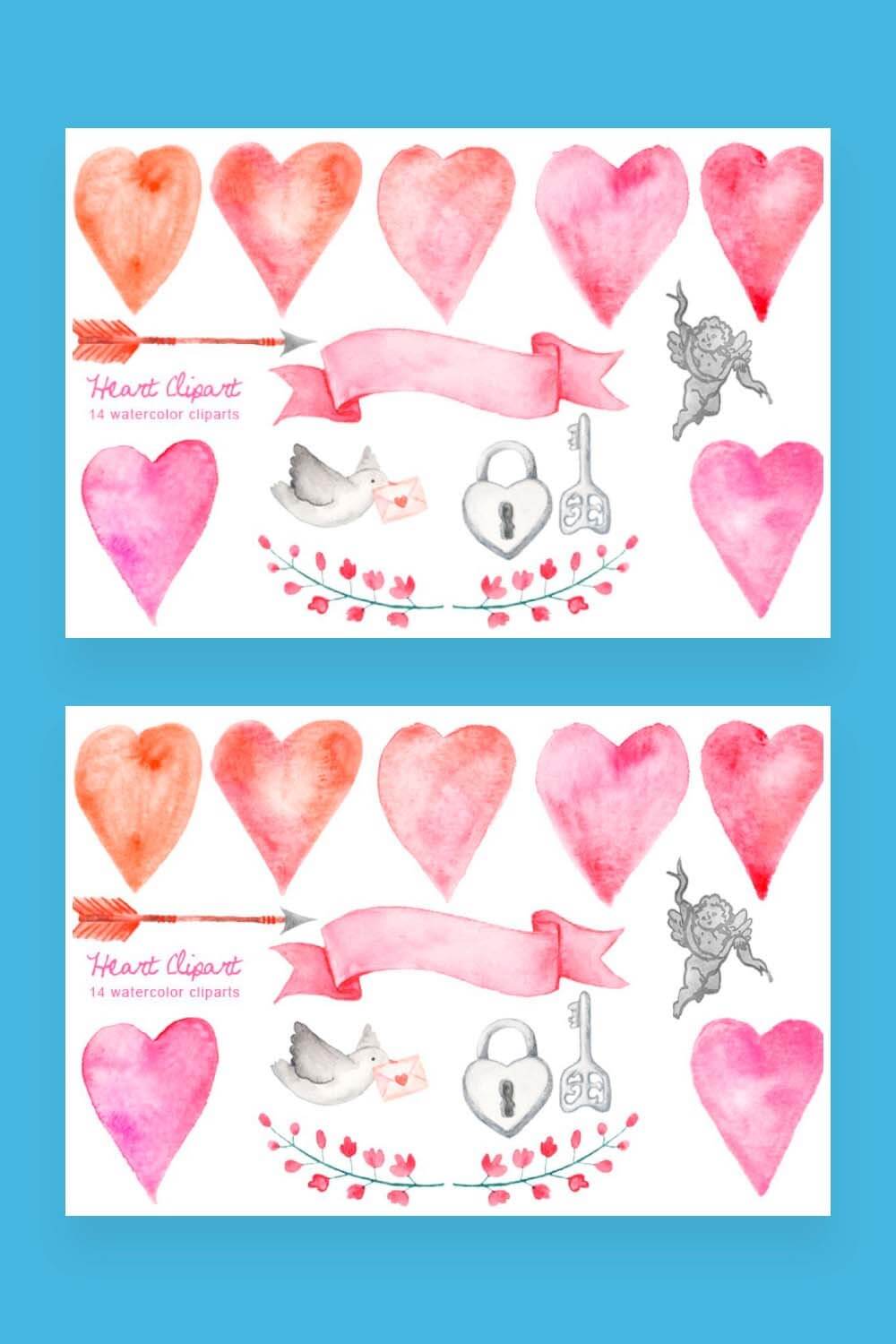 Watercolor drawing of hearts, cupid, arrow, dove with a letter and a lock with a key.