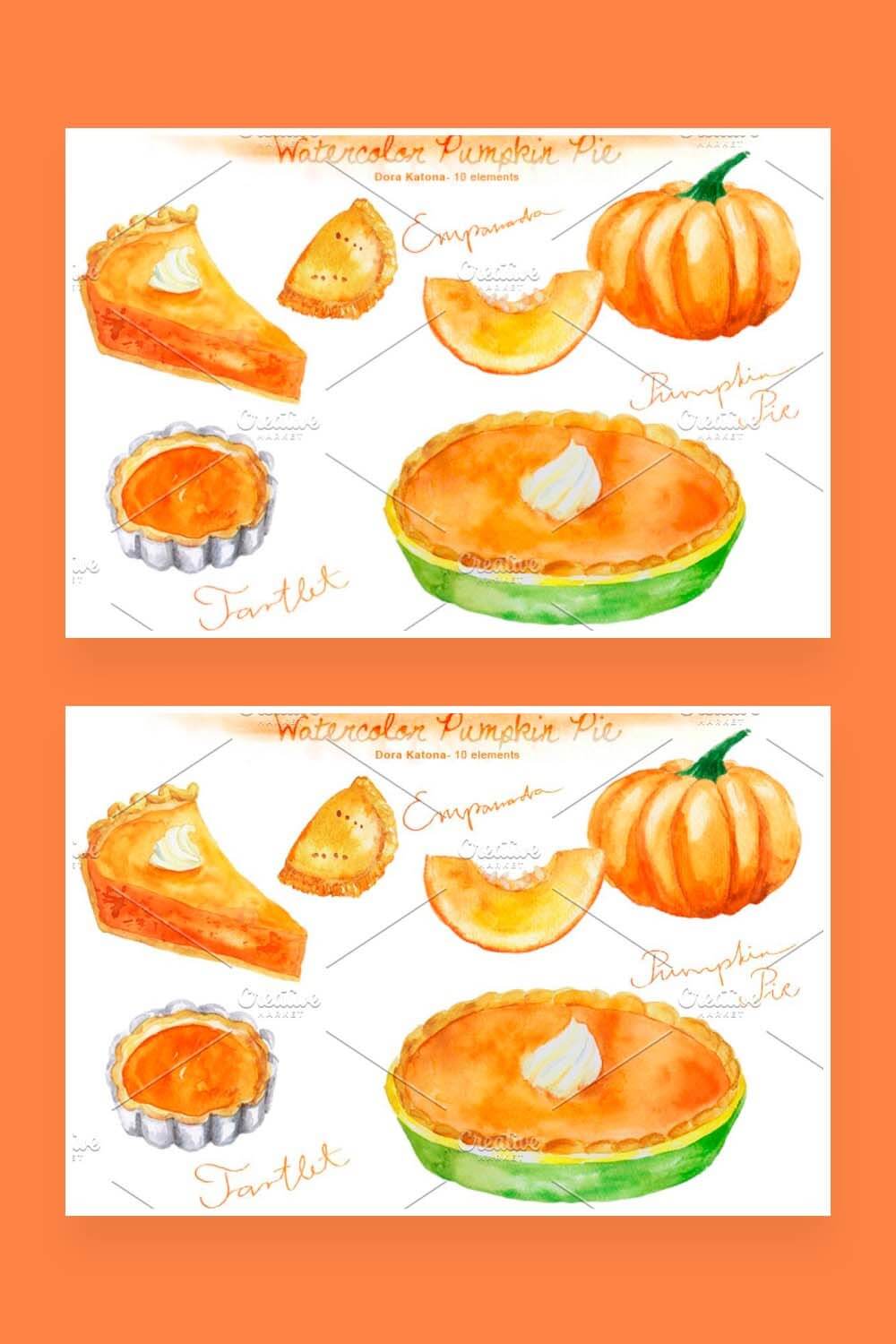Double picture watercolor pumpkin pie cliparts.