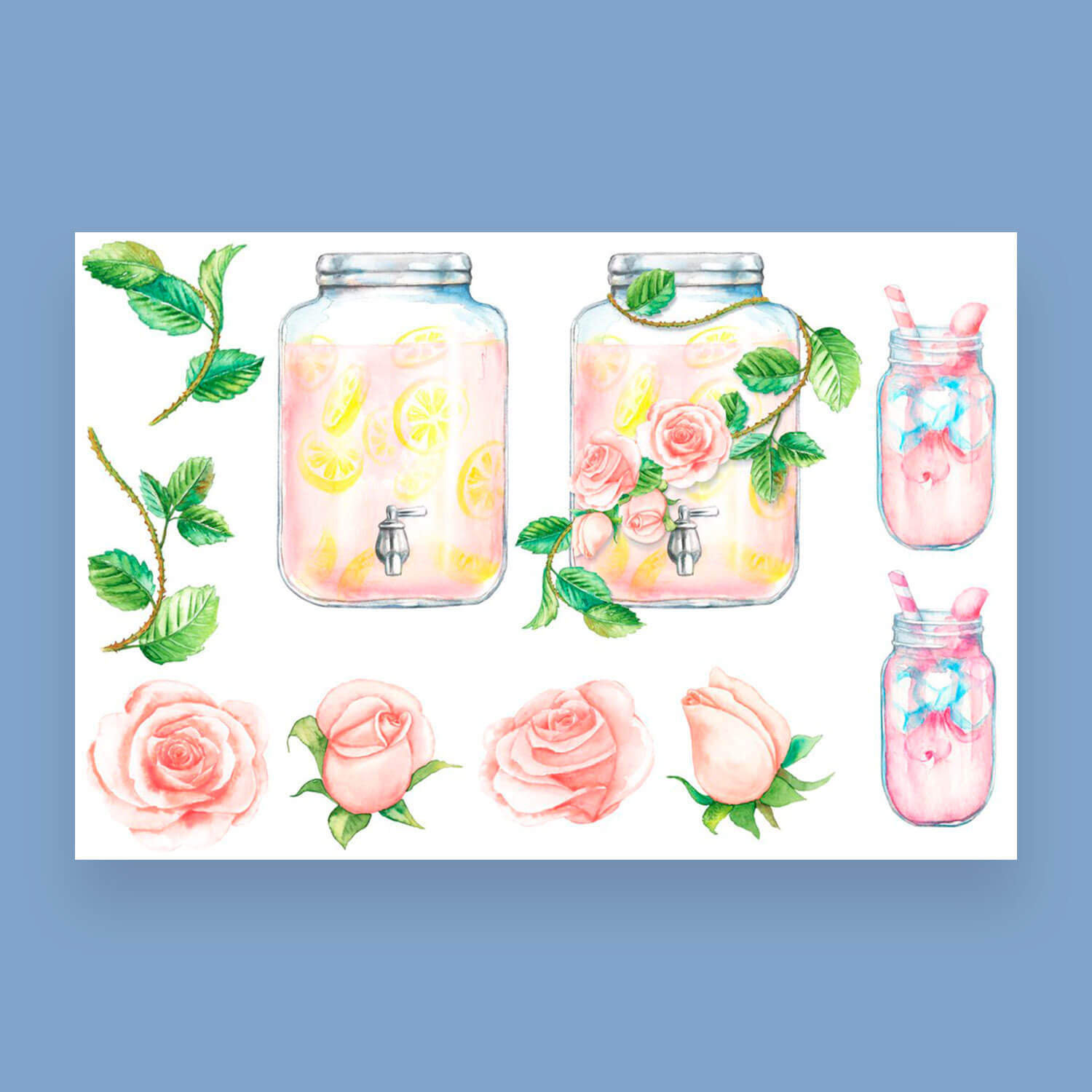 Drawings of watercolor roses and branches, jars and glasses with lemonade.