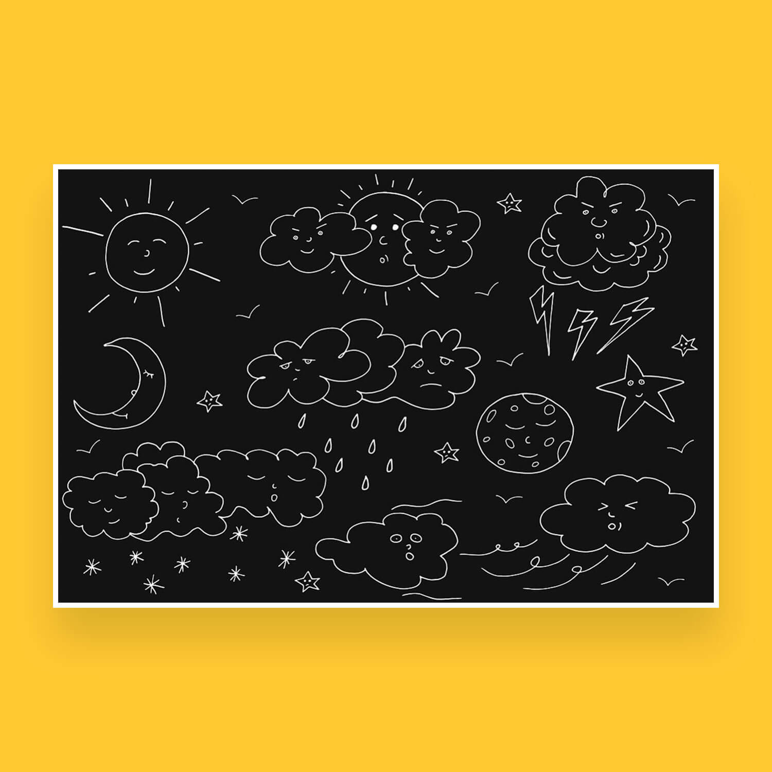 Sets of weather phenomena hand drawn doodles on a black background.