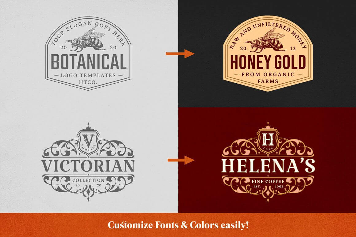 Botanical logo template, Honey Gold from organic farms, Victorian collection and Helena's fine coffee with special design.