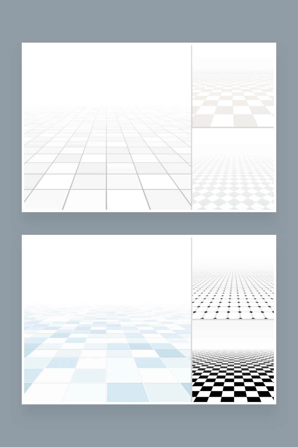Two pictures with abstract perspective background, checkered floors in different sizes and colors.