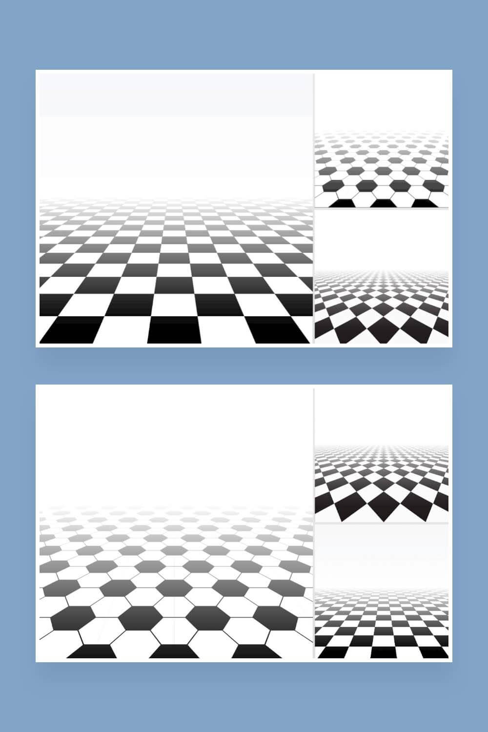 Abstract background with tiled floor perspective on two Pinterest images.