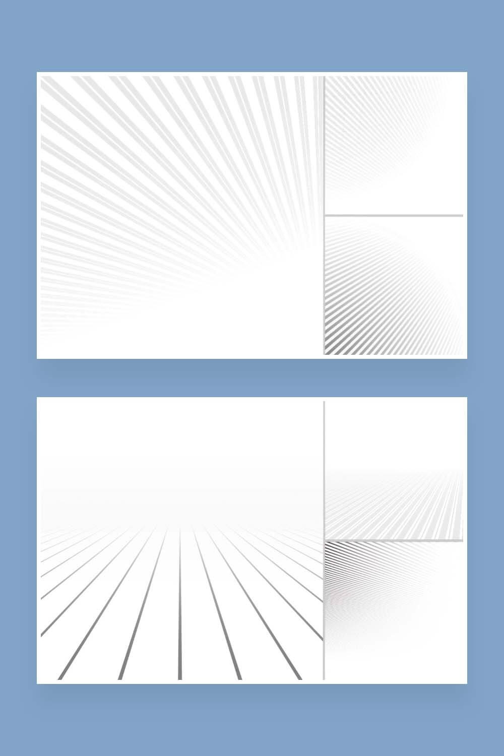 Two pictures with models of lines in different directions, highlights of an abstract background with a perspective.