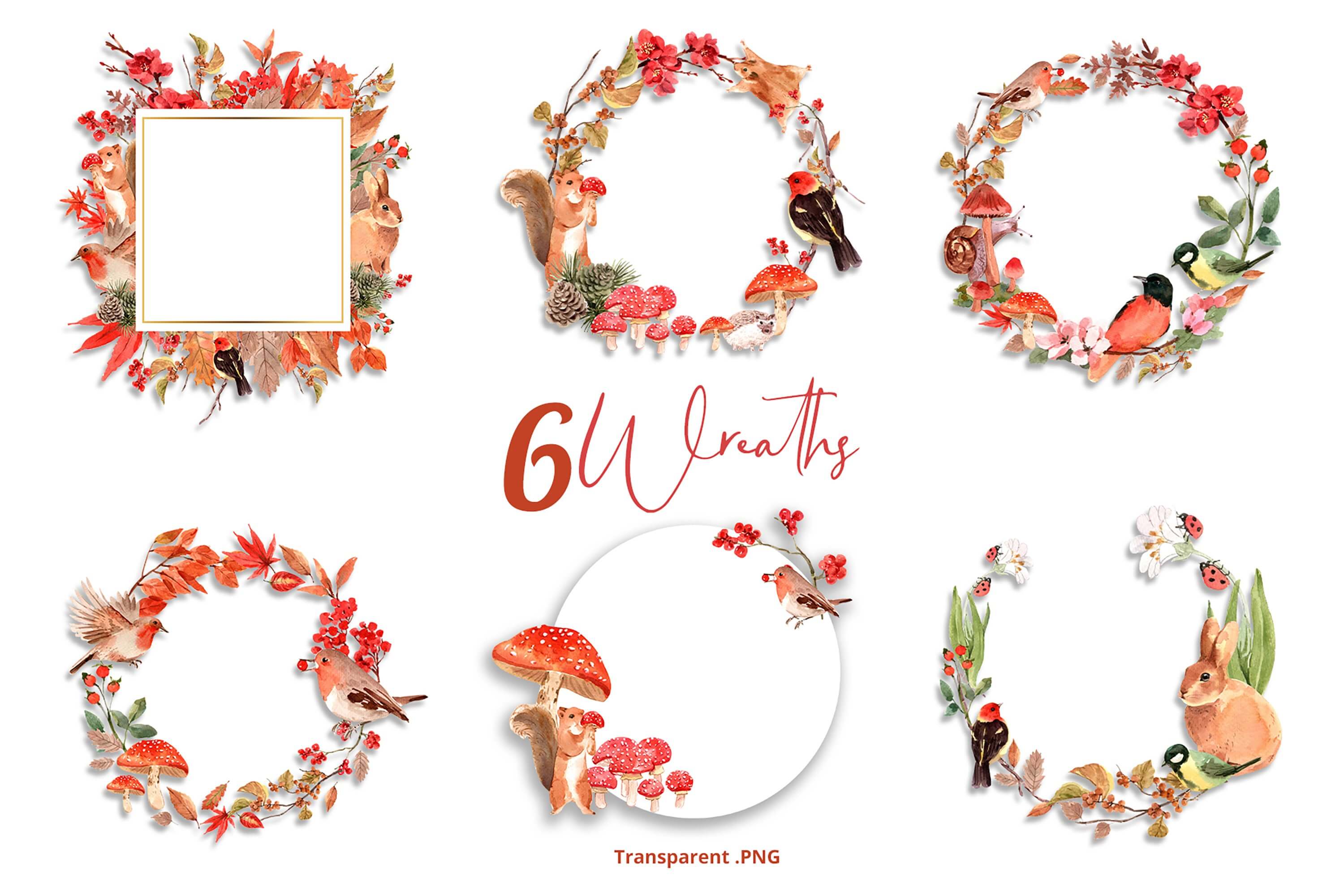 6 autumn wreaths of leaves, mushrooms, birds, squirrels, hares and ladybugs.