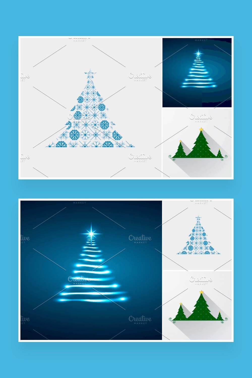 Two pictures with a collection of Christmas trees in light and blue shades.