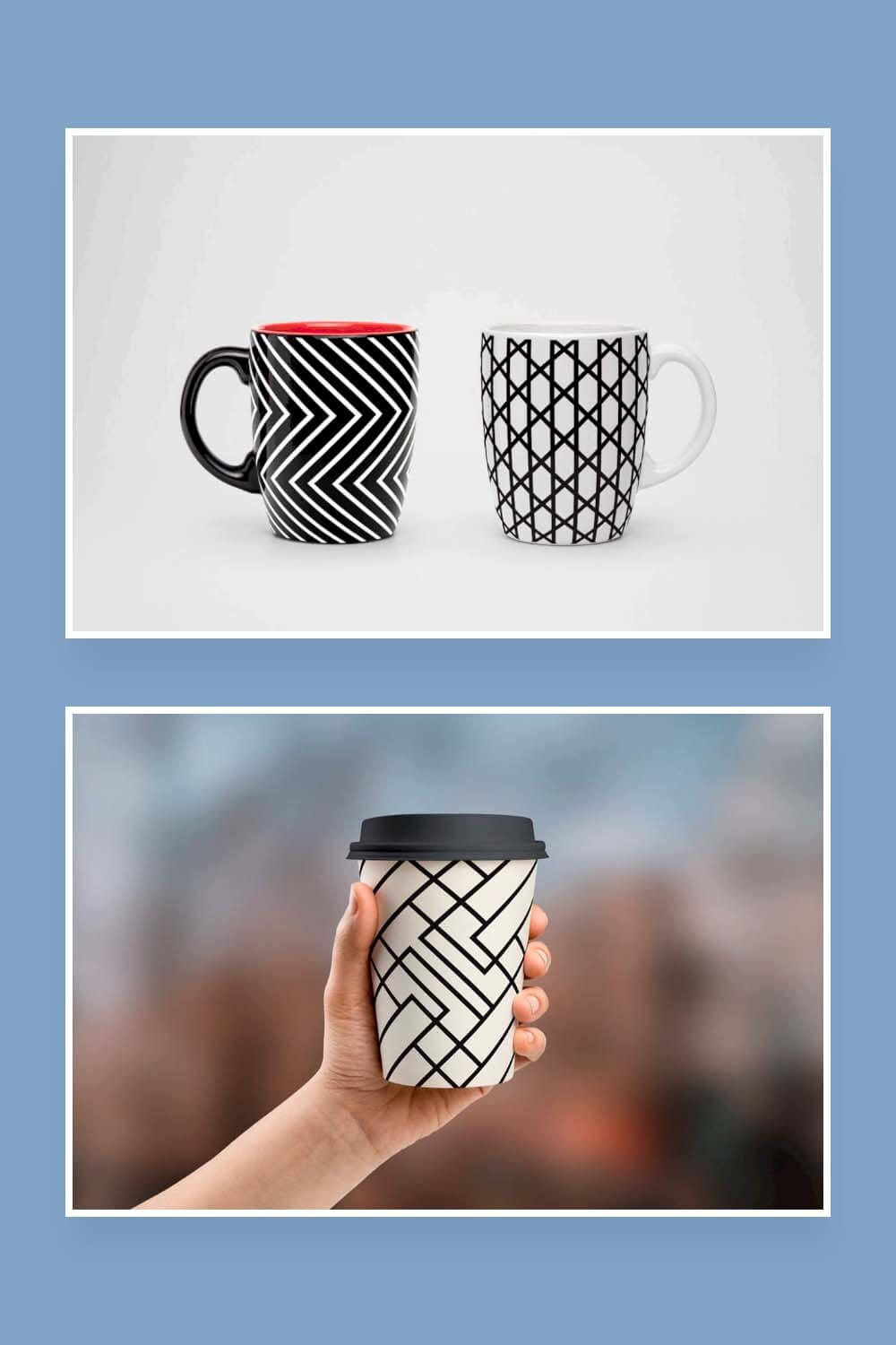 Three samples of geometric seamless patterns on merchandise in the form of two cups and one disposable glass with a lid.