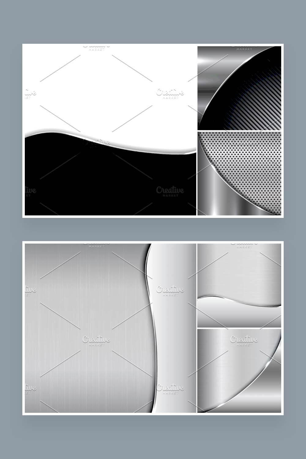 Two pictures with vector drawings of light and dark gray metallic backgrounds.