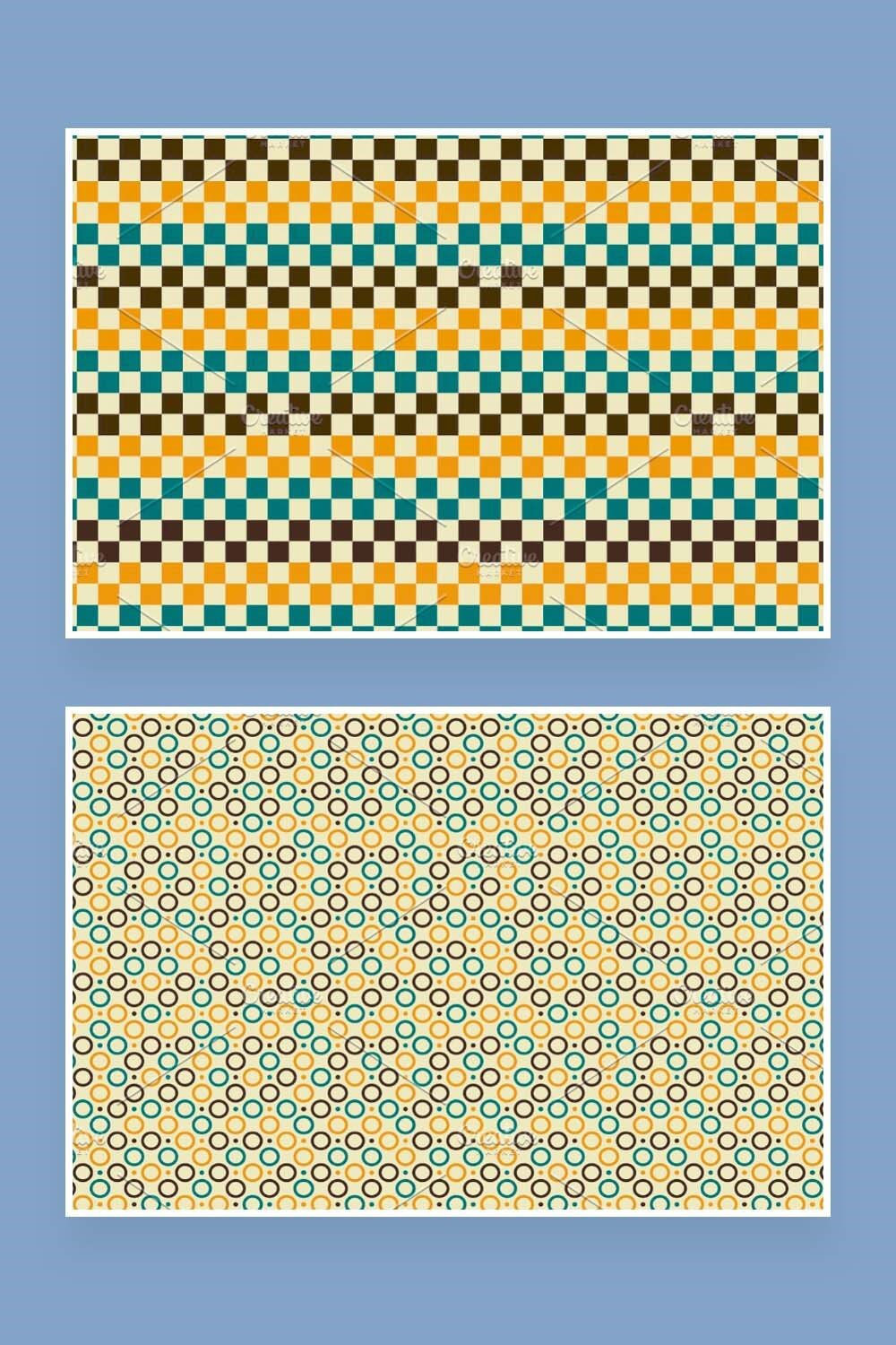 A collection of retro patterns on two pictures in the form of cubes and circles with dots.
