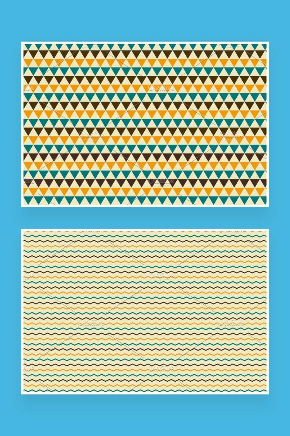 Two patterns with retro patterns on a turquoise background for pinterest.