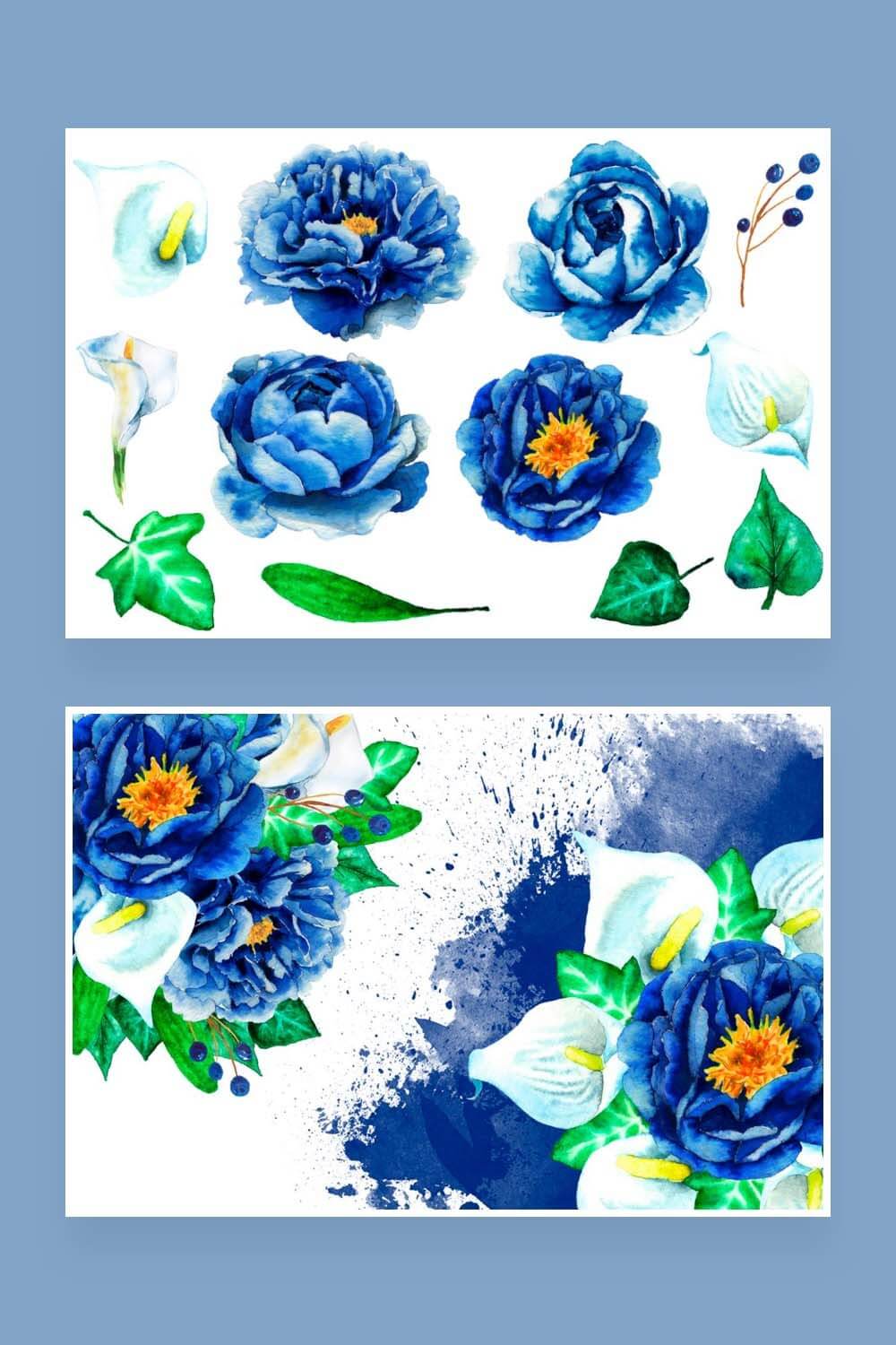 Dark blue and white flowers in two pictures for Pinterest.