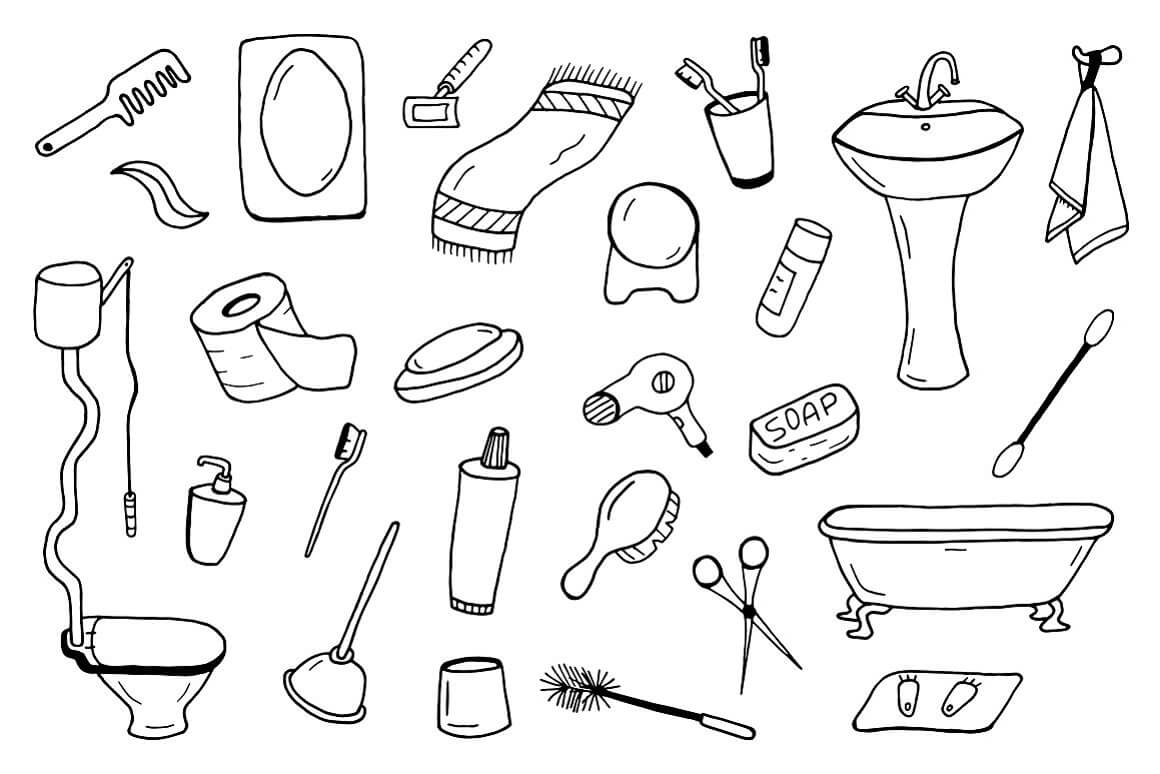 Toiletries: combs, towels, toothbrushes, sink, towel, toilet seat, toothpaste, scissors, hair dryer, rug, air freshener.