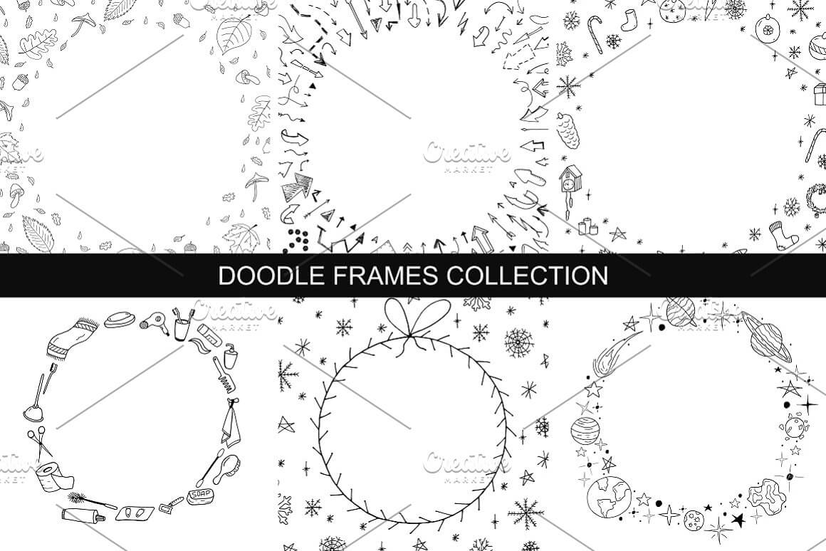 Six doodle frames collection on white background.