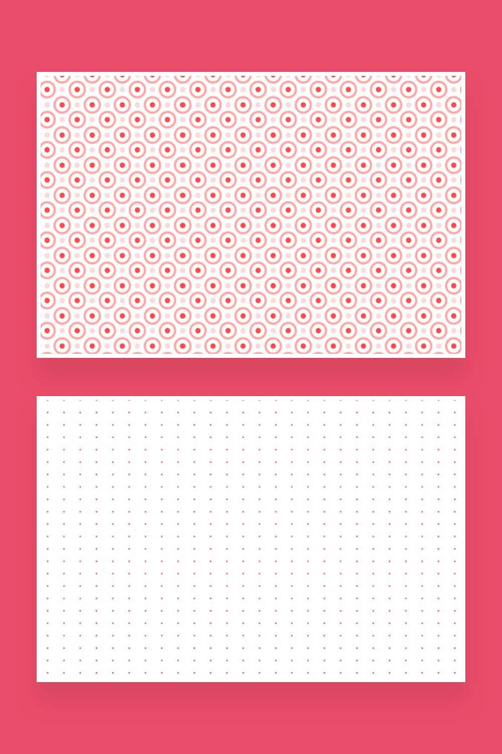 Two pink dotted seamless patterns of dots inside pale circles and small dots.
