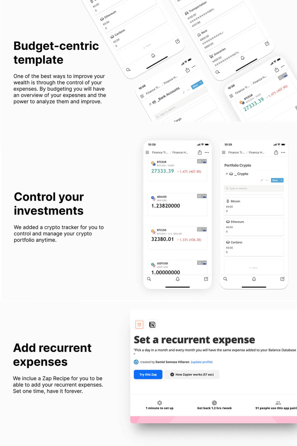 Collage of financial tracker interface images on white background.