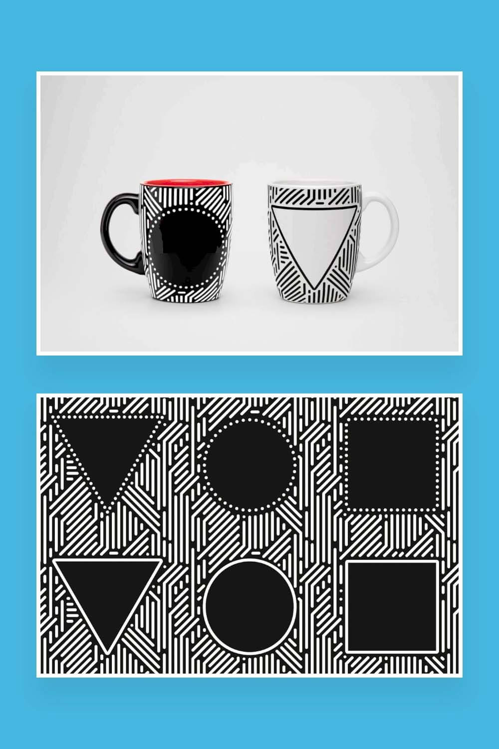Geometric figures are depicted on the cups and the picture.