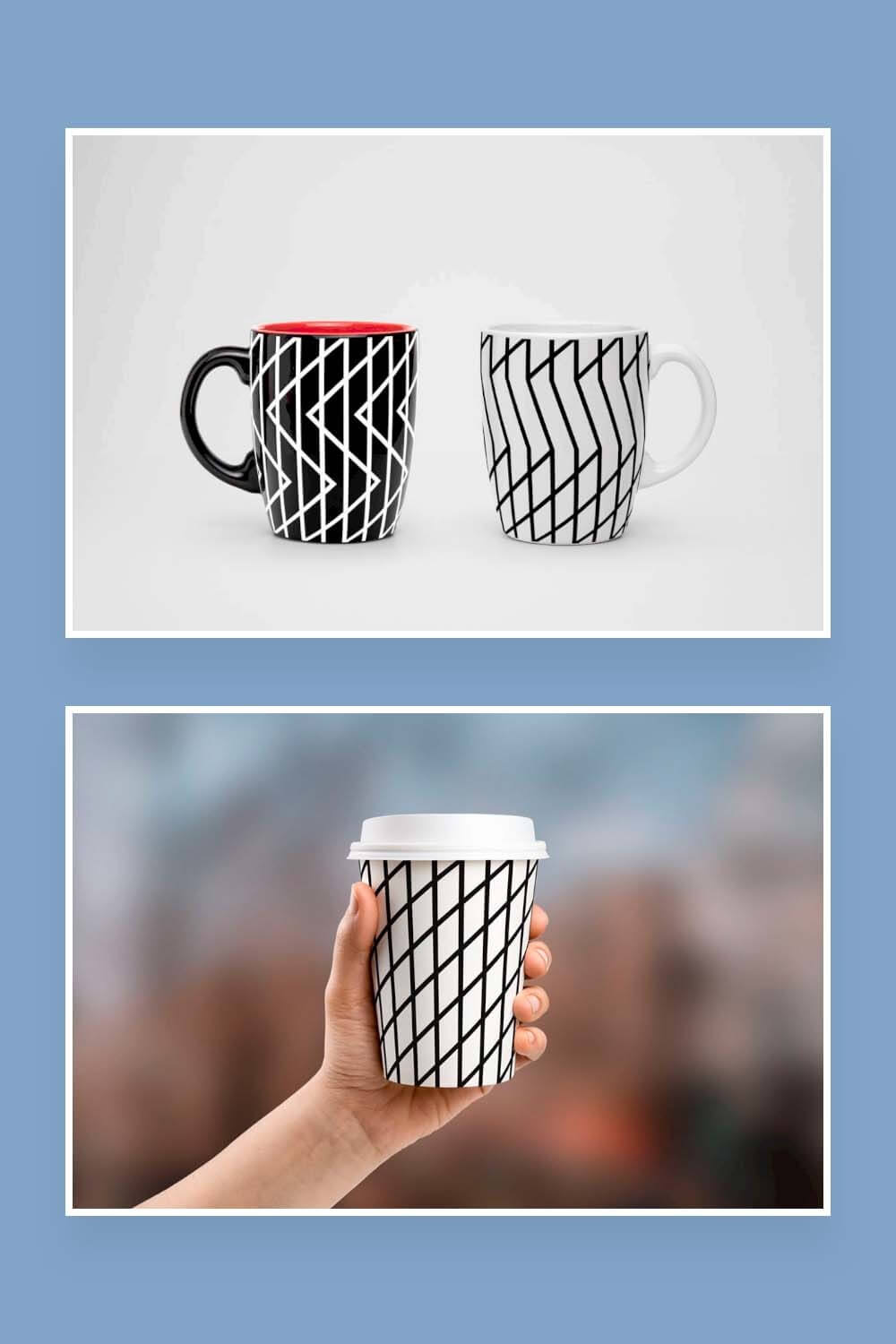Two cups and a disposable glass with geometric seamless patterns.