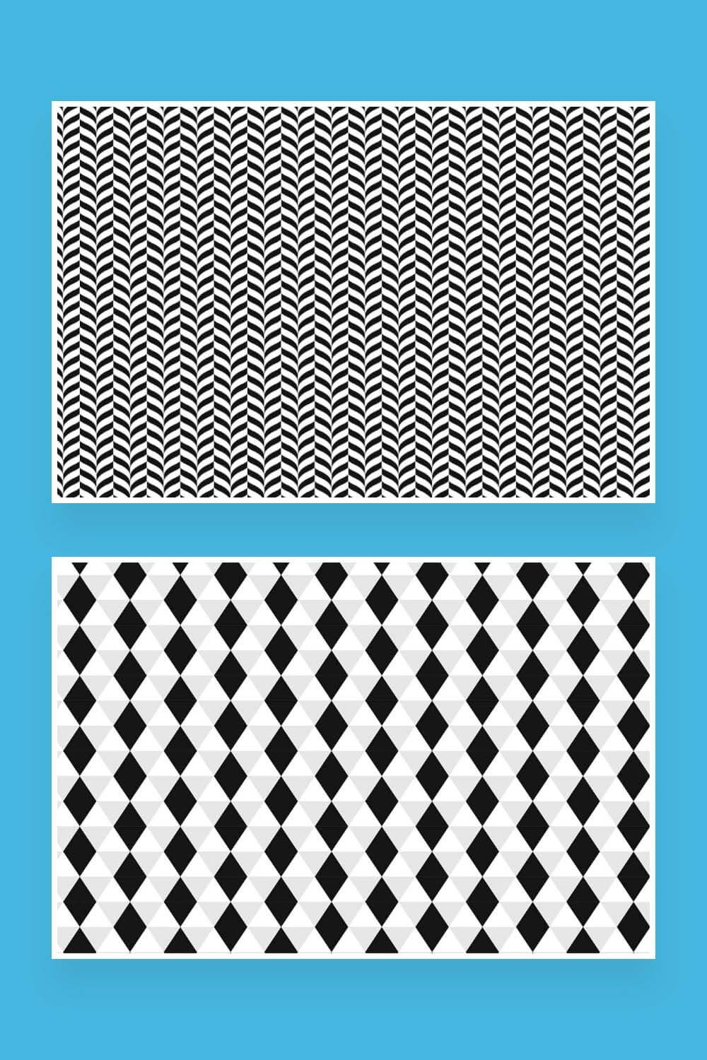 Two pictures with geometric seamless patterns, curly arrows, black and white rhombuses.