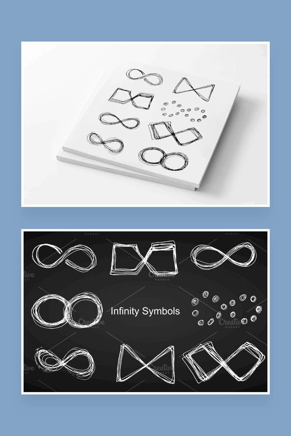 Two hand drawn infinity designs on white and black backgrounds.