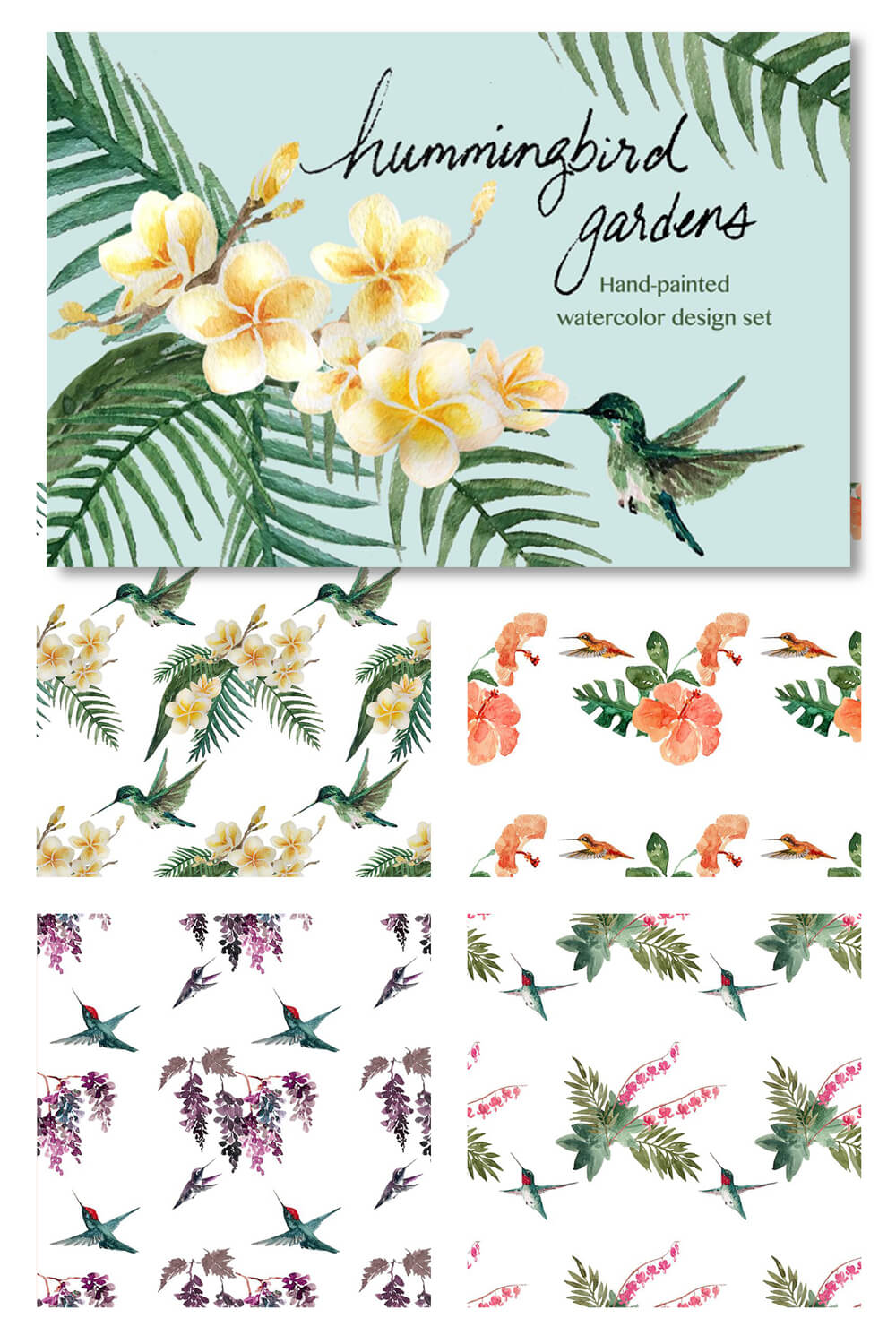 Hummingbird Gardens Hand-painted Watercolor Design Set.