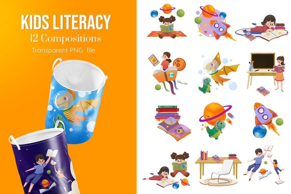 12 Compositions of Kids Literacy: space, dinosaurs and many books.