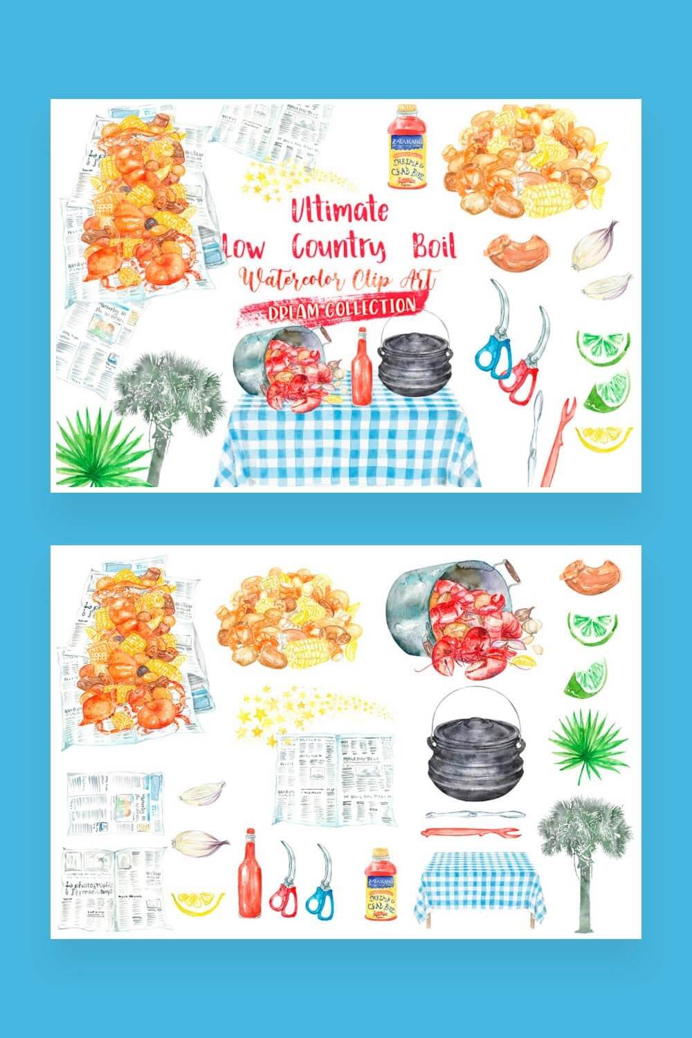 Watercolor clipart in two pictures for Pinterest.