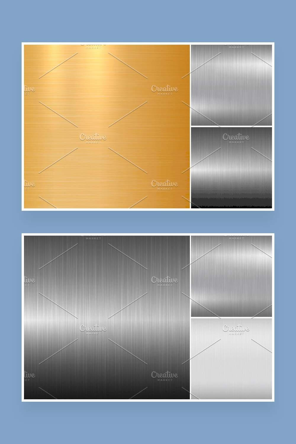 Six metal textures in two pictures, gold, silver, gray shades.