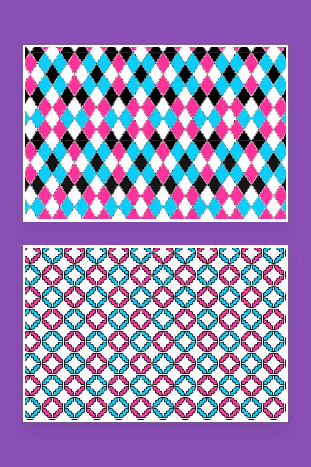 Two ornamental seamless patterns, rhomboid, round.