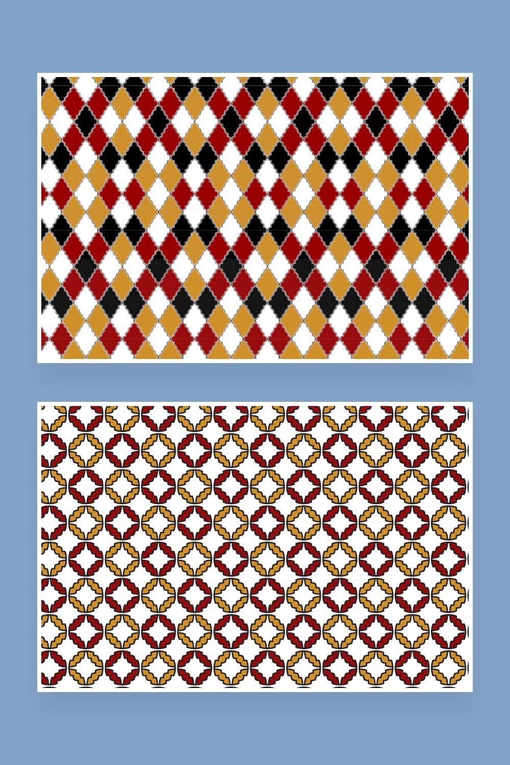 Seamless ornamental patterns, two diamond-shaped patterns, round patterns.