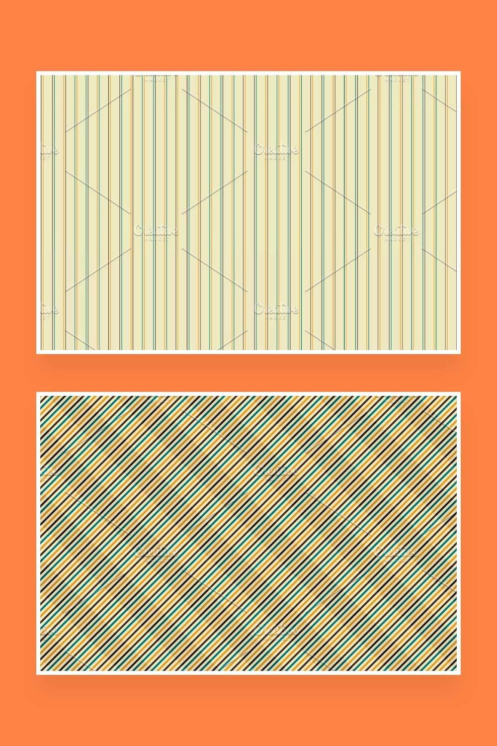 Two images with seamless retro patterns vertical thin lines and oblique multicolored lines.
