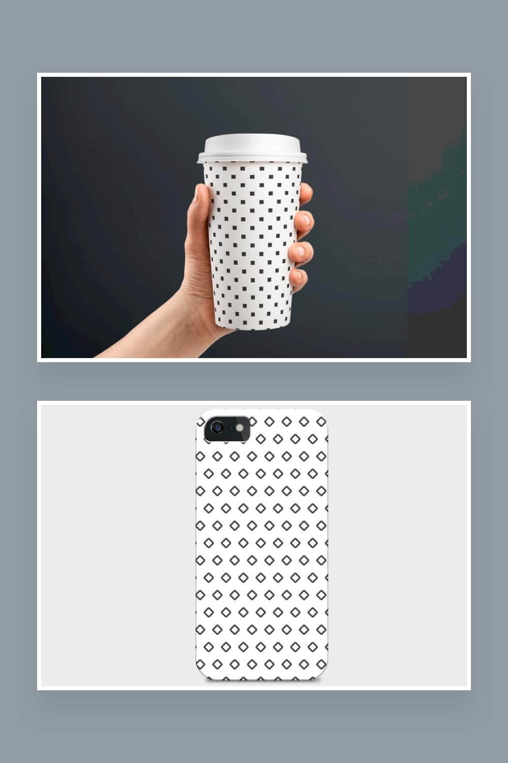 Two examples of seamless geometric patterns in black and white on a glass with a lid and a phone bumper.
