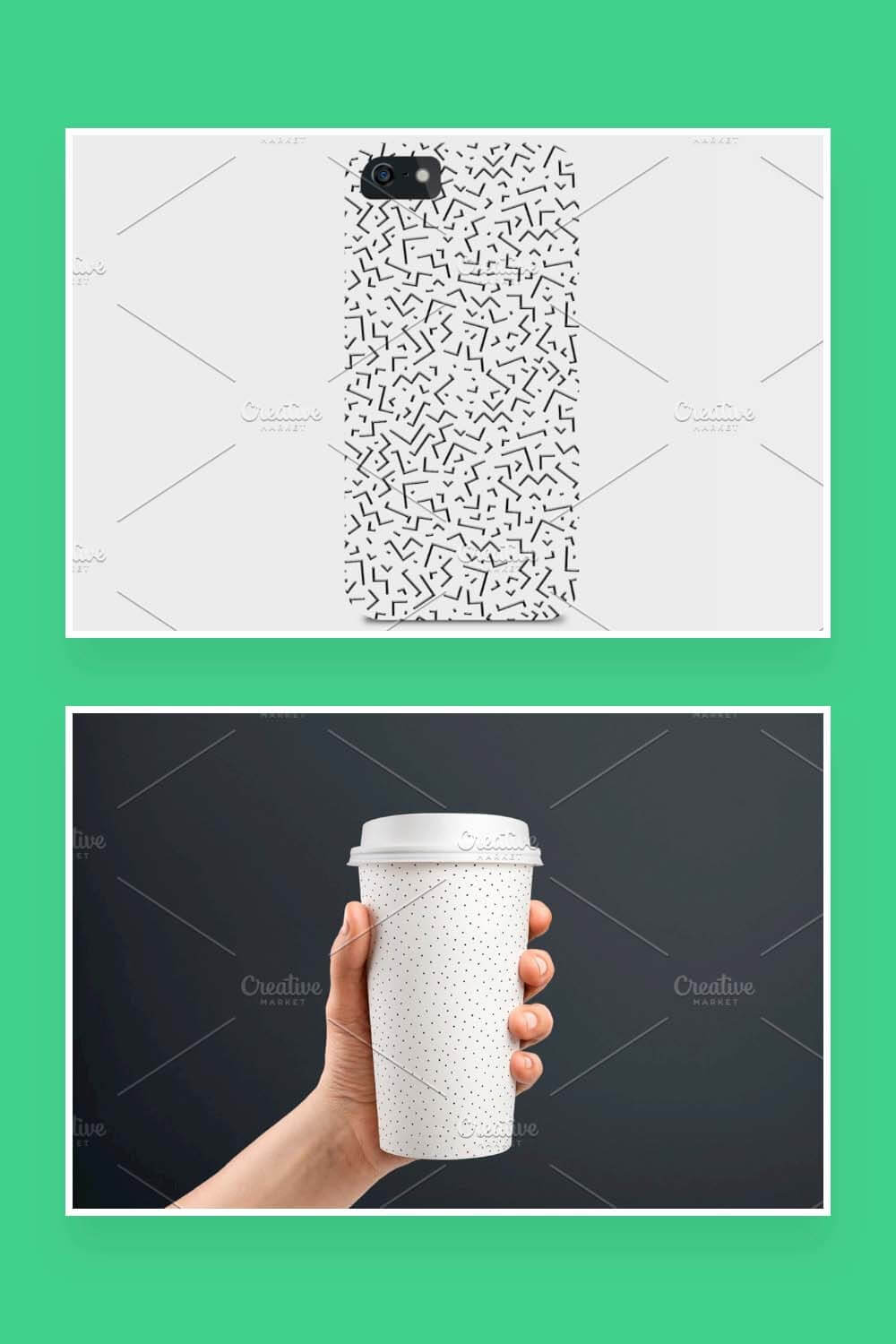 Two samples of seamless patterns in one picture with a phone case and a cardboard glass.