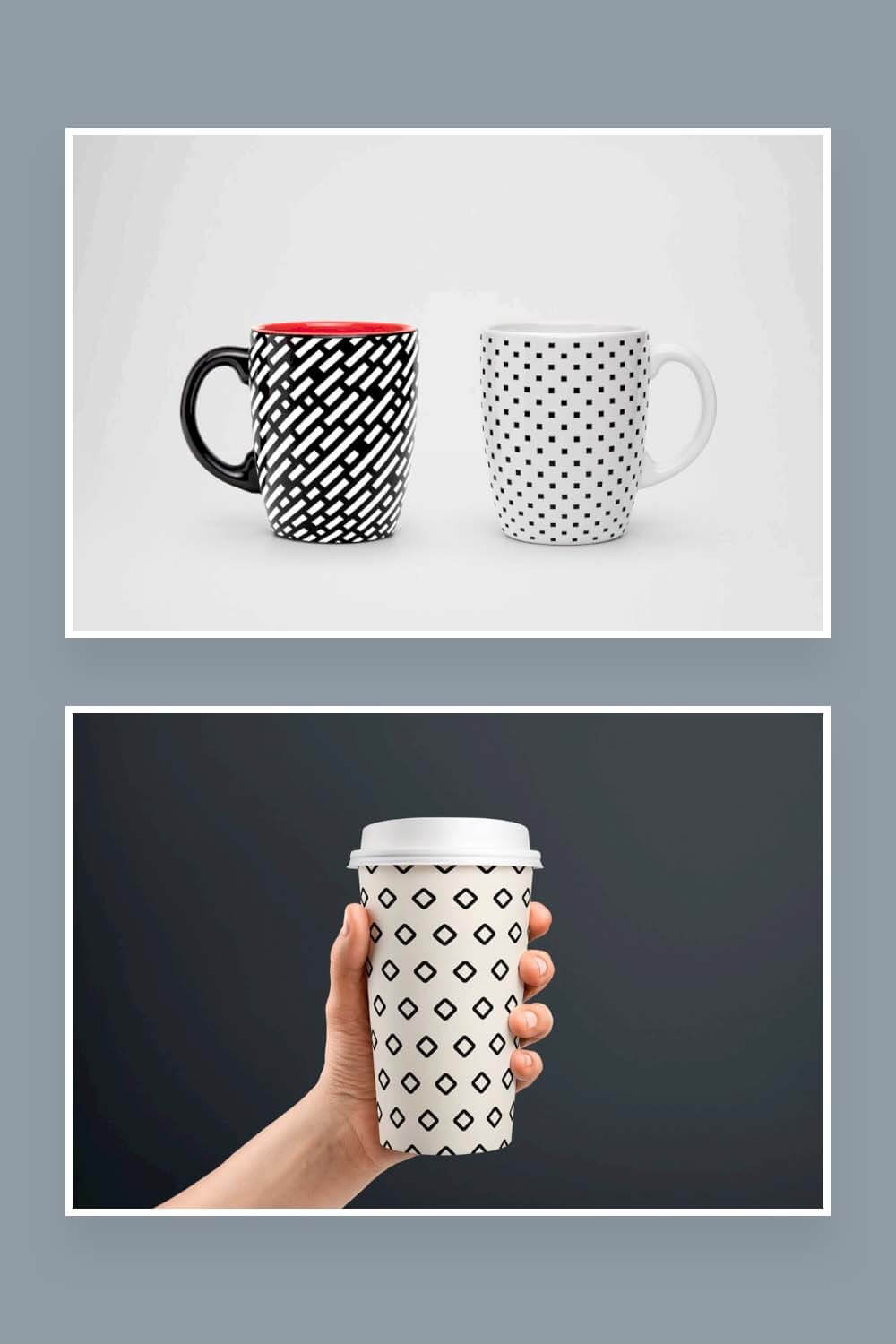 Seamless square and mesh patterns on a disposable cup and two cups on a gray background.