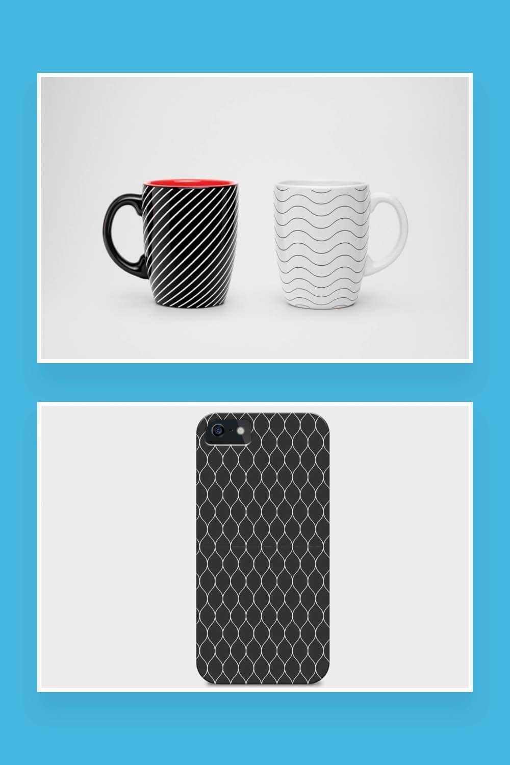 Collection of seamless simple vector patterns on cups and phone bumper.