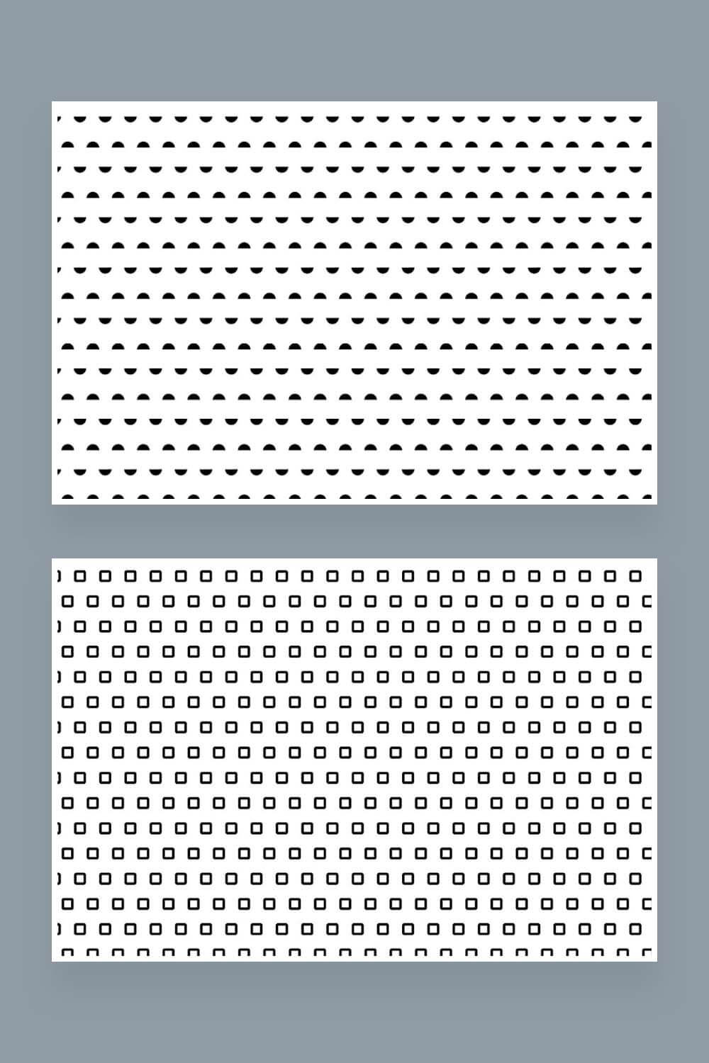 Two types of simple patterns in the Memphis style: semicircles, hollow squares.