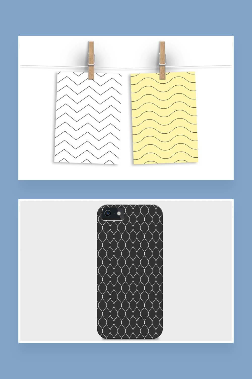 A set of simple seamless patterns on two cards and a phone case.