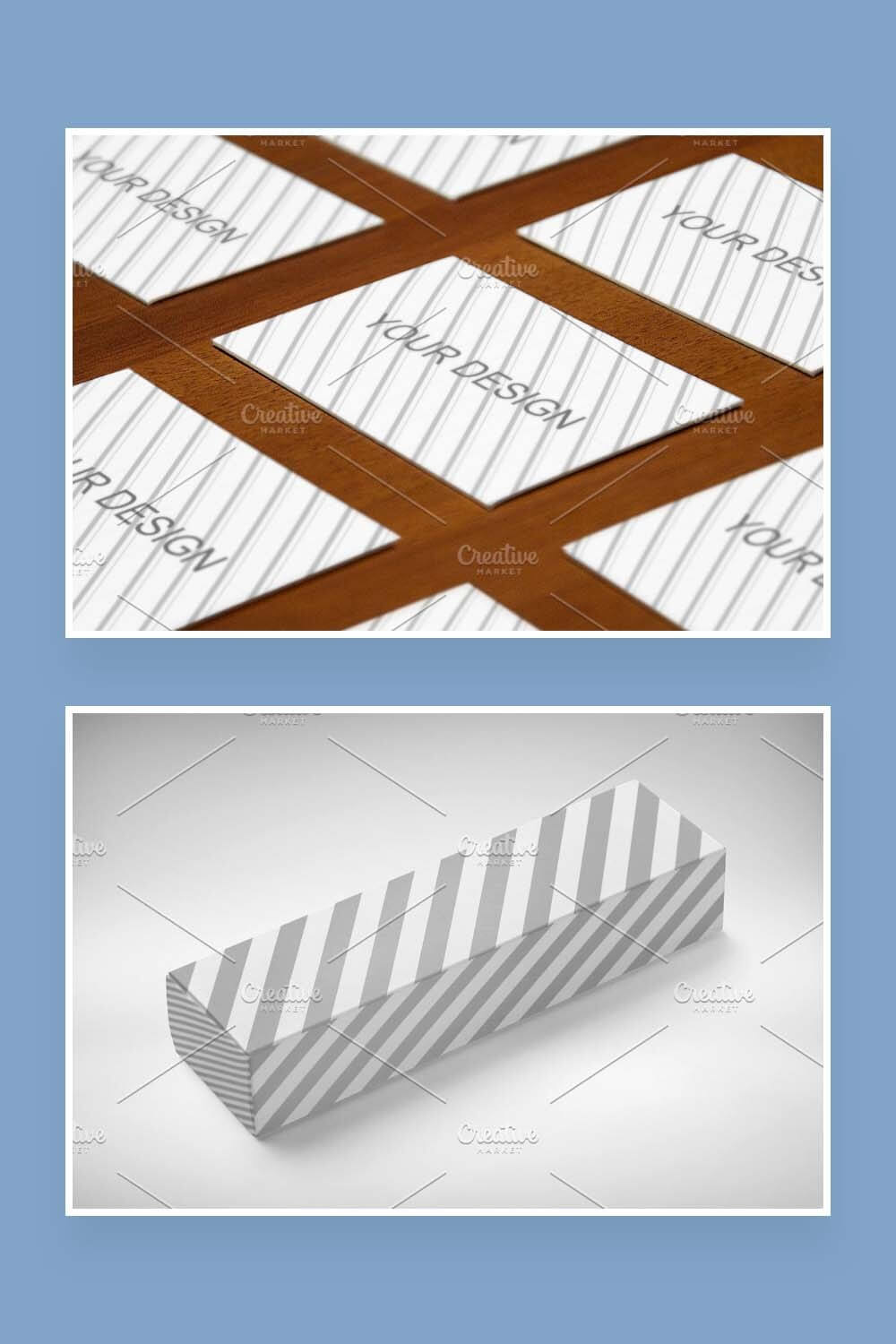 Simple striped patterns, in two pictures, the first on the envelopes, the second striped box.