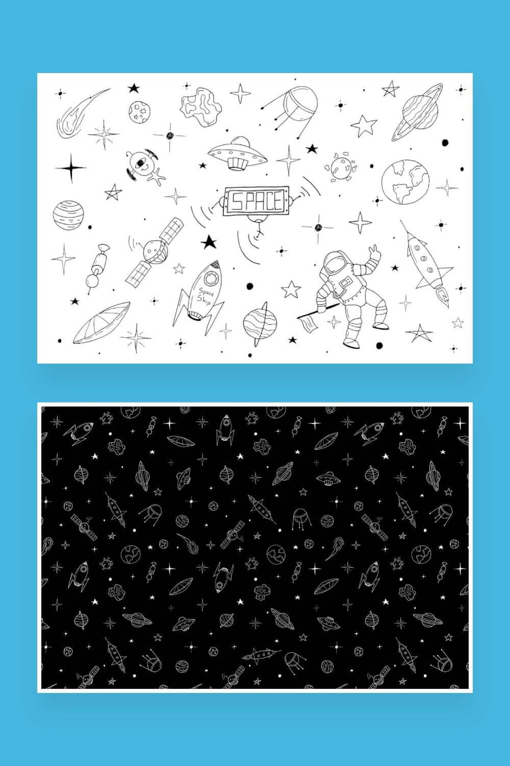 Space theme drawing in doodle style on a white and black background.